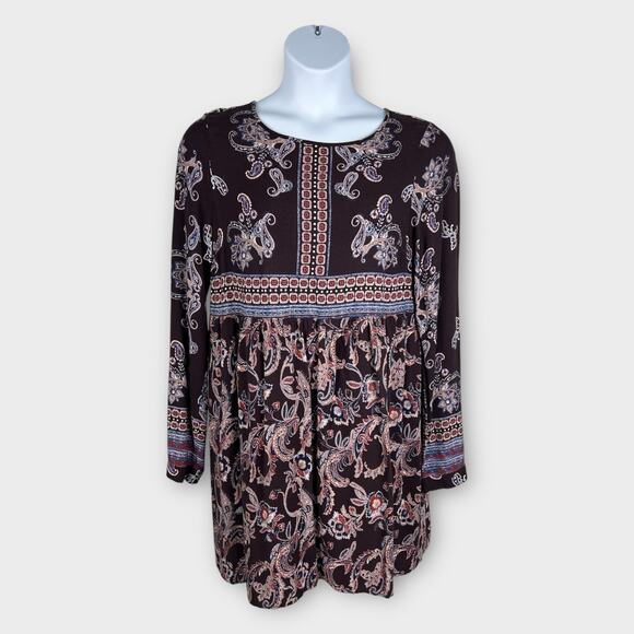 Knox Rose Dress 2XL Womens Mini Brown Long Sleeve Key Hole Back Paisley Print - Picture 1 of 9